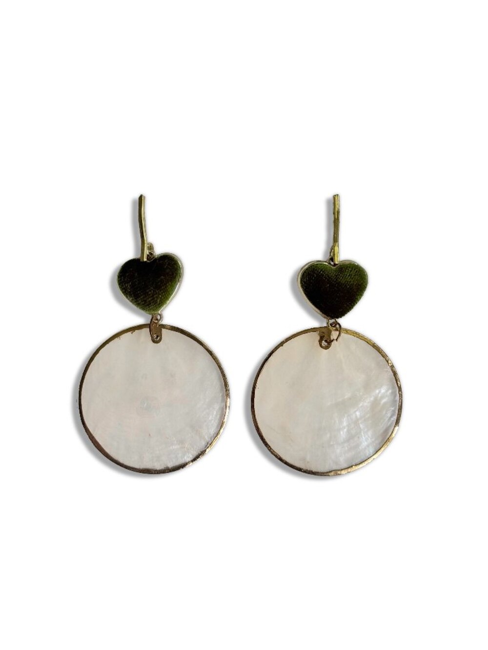 Beautiful &Unique ✨ Gold Mother-of-Pearl Drop Earrings with green velvet hearts